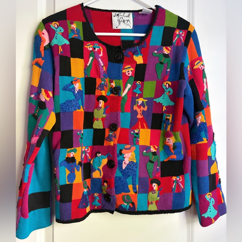 RARE Michael Simon vntg 90s Multicolor Patchwork Cardigan w/ Embroidered Women